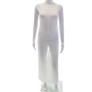 Designer Womens Maxi Dress White Long Sleeve Drawstring Beach Size S
